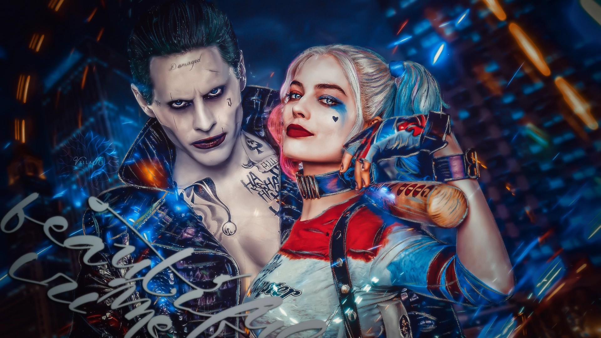 Wallpaper Harley Quinn and Joker Desktop with image resolution 1920x1080 pixel. You can use this wallpaper as background for your desktop Computer Screensavers, Android or iPhone smartphones